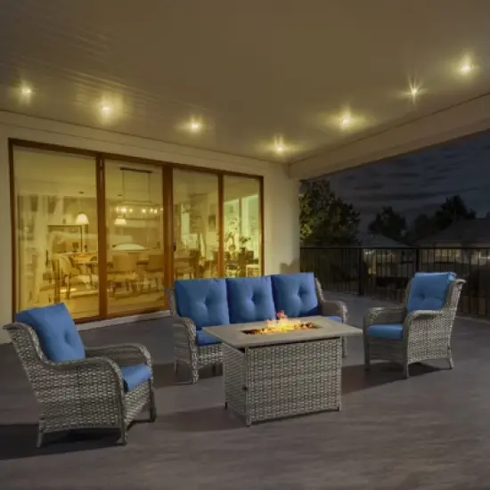 POCASSY 4-Piece Outdoor Furniture Set with 50000BTU Propane Fire Pit, All Weather Wicker Patio Fire Pit Table Set with 3-Seater Sofa and Club Chair image {15}