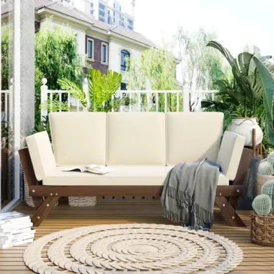 Gulches Brown Finish Patio Chaise Lounges - Adjustable Wooden Daybed Sofa with Beige Cushions image {1}