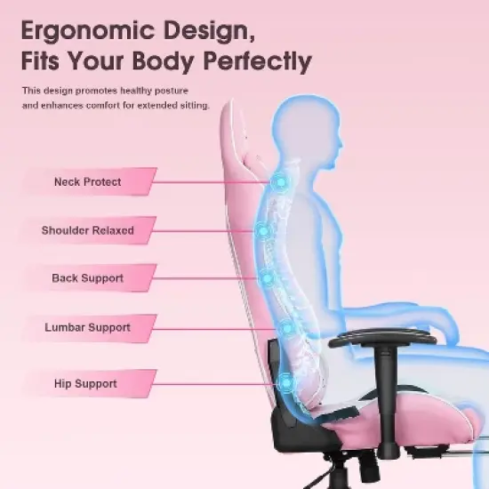 Douxlife Modern 7-Point Massage Ergonomic Gaming Chair with Footrest & Adjustable Armrests Pink White image {6}