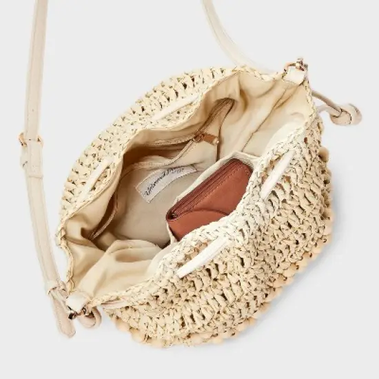Straw Beaded Drawstring Crossbody Bag - Universal Thread&trade; Light Beige: Knit Paper Straw, Unstructured image {3}