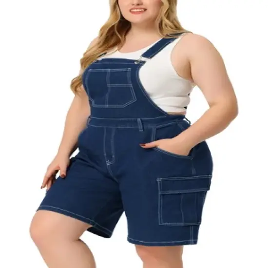 Agnes Orinda Women's Plus Size Denim Overalls Cross Back Cargo Pocket Adjustable Strap Jeans Shortalls image {6}