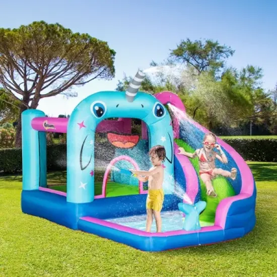 Outsunny 5-in-1 Inflatable Water Slide Kids Bounce House Narwhals Theme Water Park Includes Slide Trampoline Pool Cannon Climbing Wall with Carry Bag image {2}