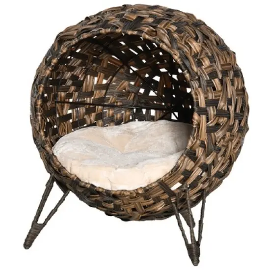 PawHut 20.5" Rattan Cat Bed, Elevated Wicker Kitten House Round Condo with Cushion image {3}