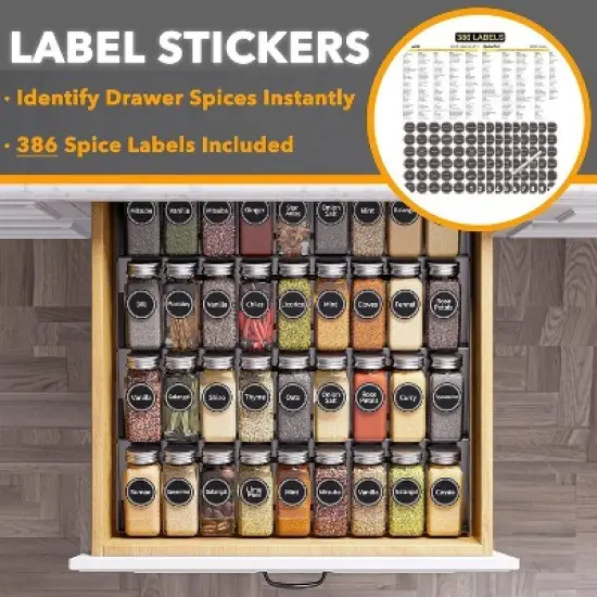 Spice Drawer Organizer with 36 Glass Spice Jars, 386 Labels, for Kitchen Drawers,Black image {3}