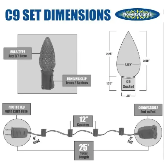 Novelty Lights 25 Feet C9 Christmas String Light Set, Vintage Holiday Hanging Light Set, White Wire image {4}