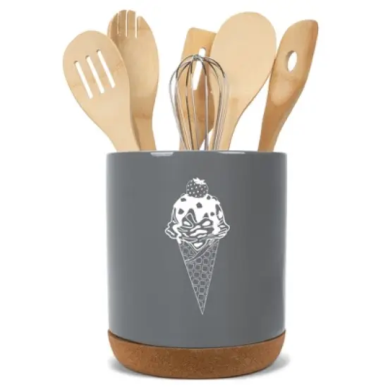 Elanze Designs 8 inch Ice Cream Waffle Cone Large Ceramic Kitchen Utensil Holder Gray and White Crock with Cork Base image {5}