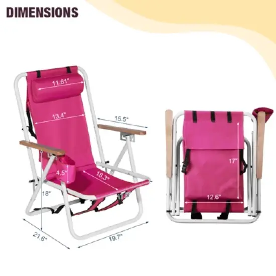 DOMETOUR Folding Beach Chair, 4 Position Portable Backpack Foldable Camping Chair with Headrest Cup Holder and Wooden Armrests, Pink image {7}