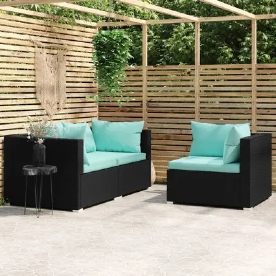 vidaXL 3 Piece Patio Lounge Set with Cushions Black Poly Rattan image {7}
