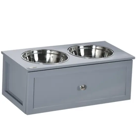 PawHut Elevated Dog Bowls, Raised Dog Bowl Stand with Storage, 2 Stainless Steel Bowls, Pet Feeding Station for Medium Dogs, Indoor Use, Gray image {6}