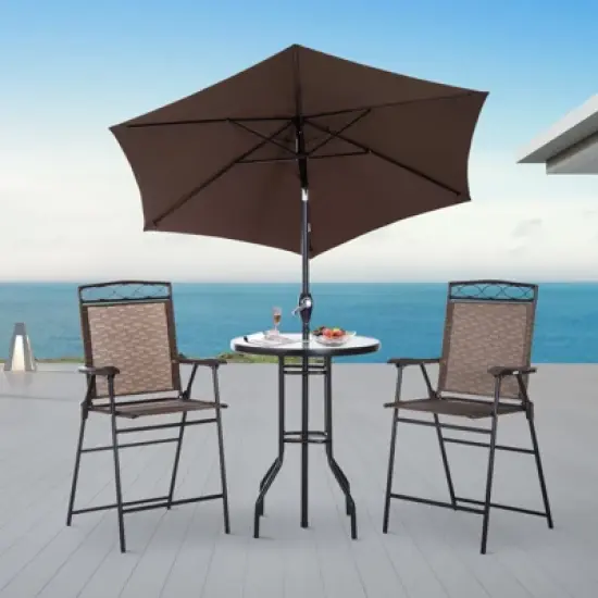 Outsunny 4 Piece Patio Bar Set for 2 with 6' Adjustable Tilt Umbrella, Outdoor Bistro Set with Folding Chairs & Glass Round Dining Table image {1}