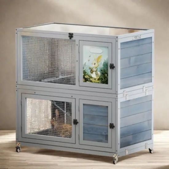 SEVOBAL Pet Crates and Houses Premium Two Level Small Animal Hutch with Safety Ramps and Slide Out Trays Easy Access Design, Grey, 35.4"*19.7"*36.6" image {2}