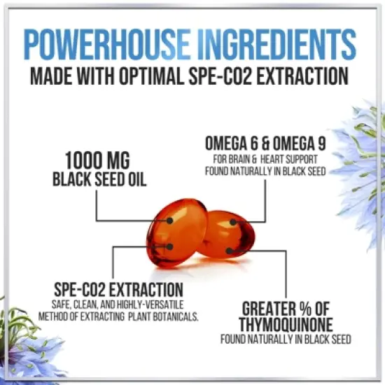 Premium Blackseed Oil 1000mg - Pure Nigella Sativa Black Seed with Thymoquinone & Vegan for Skin & Immune Support - 120 Softgels By Hello Lovely! image {2}