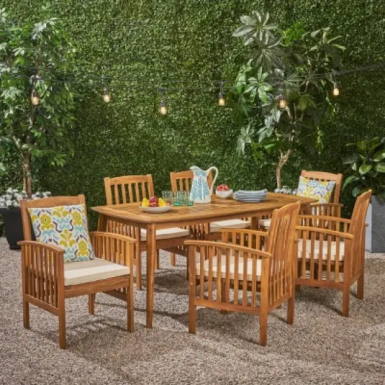 Christopher Knight Home Lepage Outdoor Acacia Wood 7 Piece Dining Set with Water Resistant Cushion image {9}