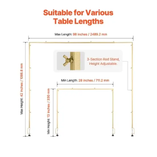 VEVOR Over The Table Rod Stand with Clamps, 13"-42" Tall & 28"-98" Length Adjustable, 2 Packs Table Arch Stand, Tabletop Balloon Arch Frame, Gold image {3}