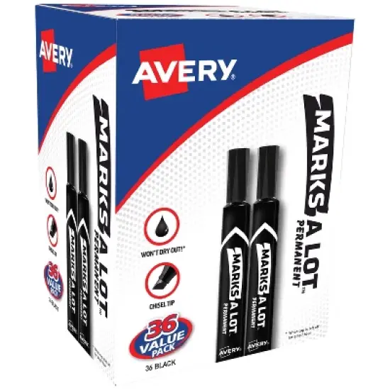 Avery Marks A Lot Permanent Markers, Large Desk-Style Size, Chisel Tip, Value Pack of 36 Black Markers (98206) image {9}
