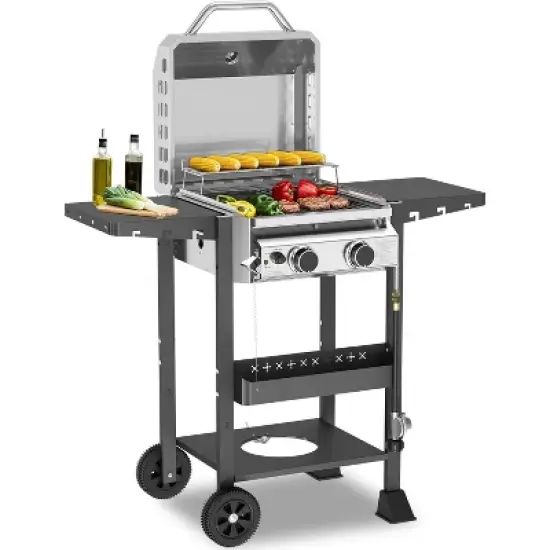 ZAFRO 2-Burner Propane Gas BBQ Grill, 16000 BTU Stainless Steel Barbecue with Cast Iron Grates Side Storage Shelves, Top Lid image {7}
