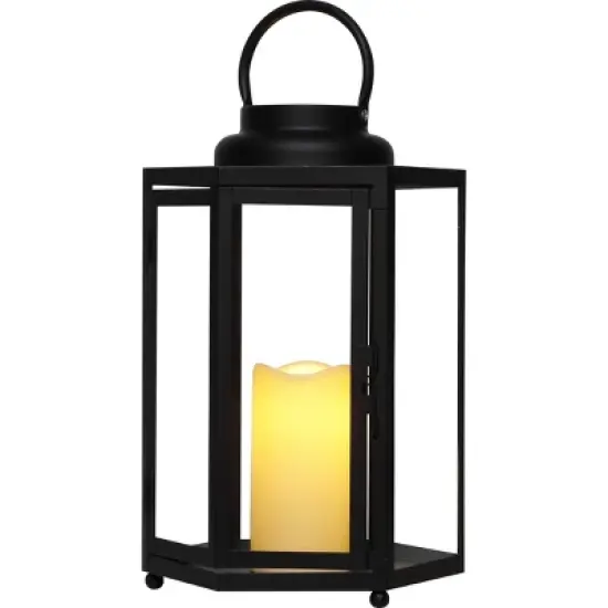 14" Hexagonal Candlelit Iron Lantern with LED Lights Black/White - Alpine Corporation image {2}