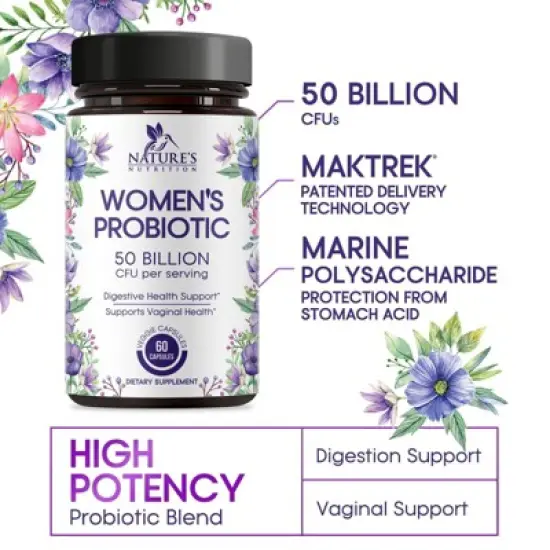 Probiotics for Women 50 Billion CFU - 16 Strains, Vaginal pH Health & Immune Support, Prebiotics & Cranberry - 60 Capsules By Nature's Nutrition image {5}