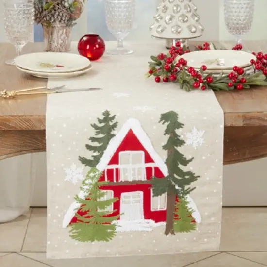 Saro Lifestyle Cozy Christmas Cottage Table Runner, 16"x70", Beige image {2}