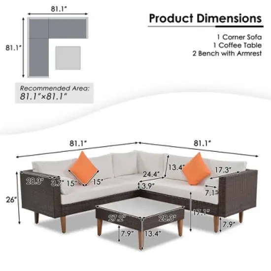 FIONECA 4-Piece Outdoor Wicker Sofa Set, L-Shaped Patio Furniture with Beige Cushions, Brown Rattan & Colorful Accent Pillows image {4}