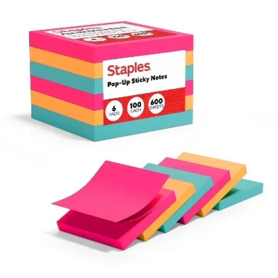 Staples Stickies Pop-up Std Notes 3" x 3" Asst Colors 100 Sh./Pad 6 Pads/PK 565448 image {5}