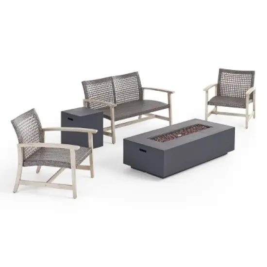 Christopher Knight Home Augusta Outdoor Acacia Wood and Wicker 4 Seater Chat Set with Fire Pit image {12}