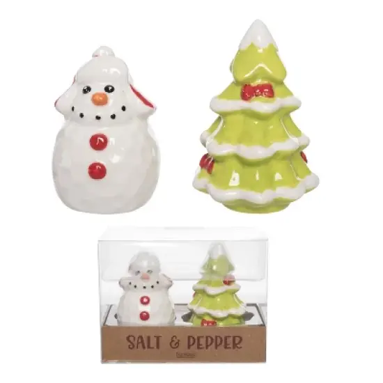 Transpac Ceramic Snowman and Tree Salt and Pepper Shaker Set Multicolor Christmas Tabletop Decor for Holiday Dining image {1}