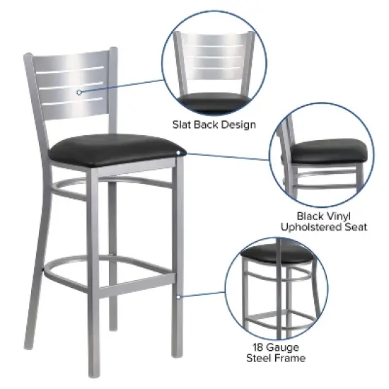 Emma and Oliver Silver Slat Back Metal Restaurant Dining Barstool image {2}