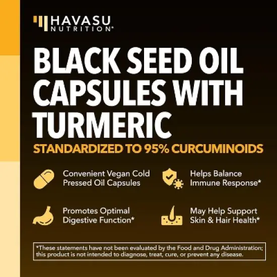Black Seed Oil Capsules + Turmeric Curcumin Supplement 95% Curcuminoids, Immune & Digestive Health Support, Havasu Nutrition, 60ct image {2}