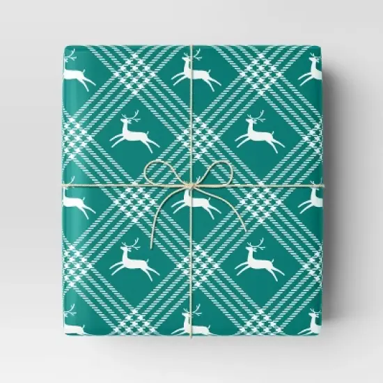 30" 50 sq ft Christmas Roll Wrap Deer and Plaid on Green - Wondershop&trade; image {1}