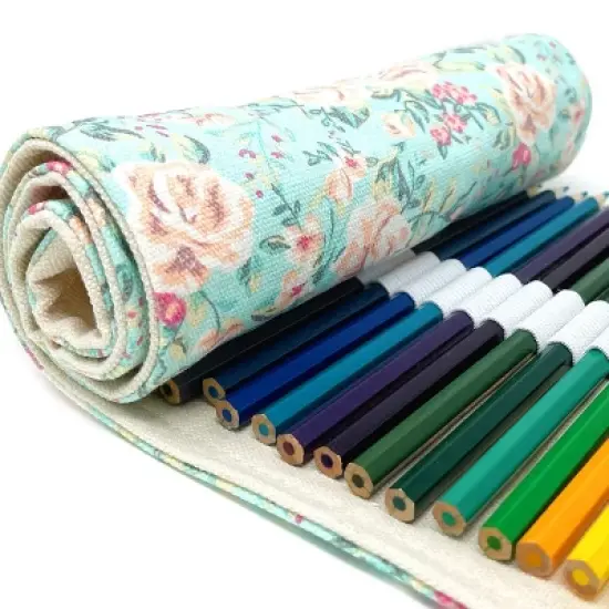 Wrapables Pencil Roll Organizer, Colored Pencil Wrap Pouch (72 slots), Pink Rose on Teal image {5}