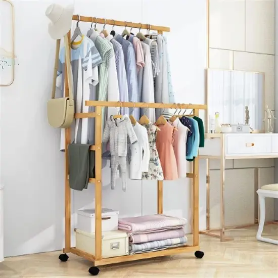 Artloge Thicken Double Rod Bamboo Hanging Clothes Rack Portable Rolling Coat Garment Stand Storage Organizer with Shoe Shelves & Wheels image {8}