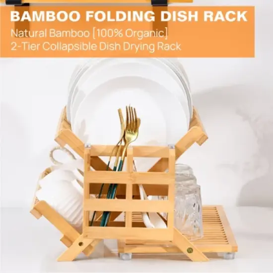 KTMBDW Bamboo Dish Drying Rack, 3 Tier Collapsible Dish Rack with Utensil Holder, Wooden Dish Drying Rack for Kitchen Counter, Dish Drainer, Natural image {3}