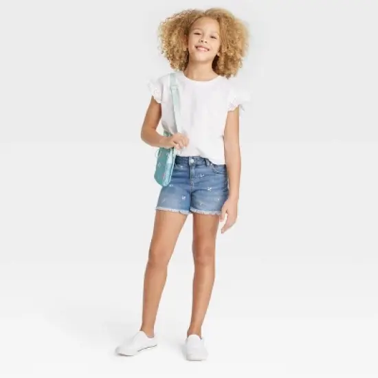 Girls' Embroidered Mid-Rise Jean Shorts - Cat & Jack&trade; Medium Wash image {2}