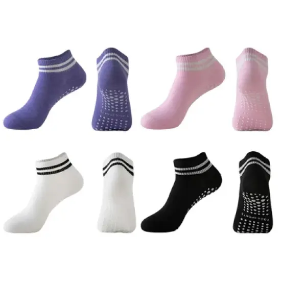 Anna-Kaci 4 Pairs Women's Ankle Grip Yoga Socks Soft Cotton Non-Slip Bottom Striped Cuff image {8}