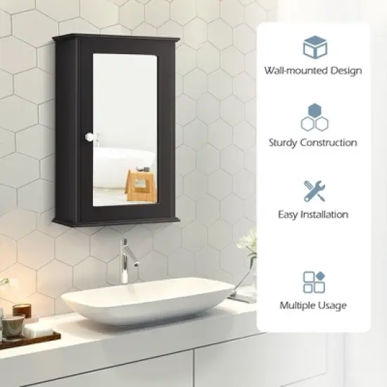 Costway Bathroom Wall Cabinet Single Mirror Door Cupboard Storage Medicine Cabinet Wood Shelf Grey\Brown image {7}