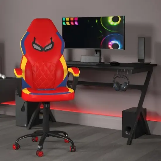 Emma and Oliver Faux Leather Ergonomic Designer Back Gamer Chair with Diamond Stitch, Lumbar Support & Padded Arms in Red, Blue & Yellow image {1}