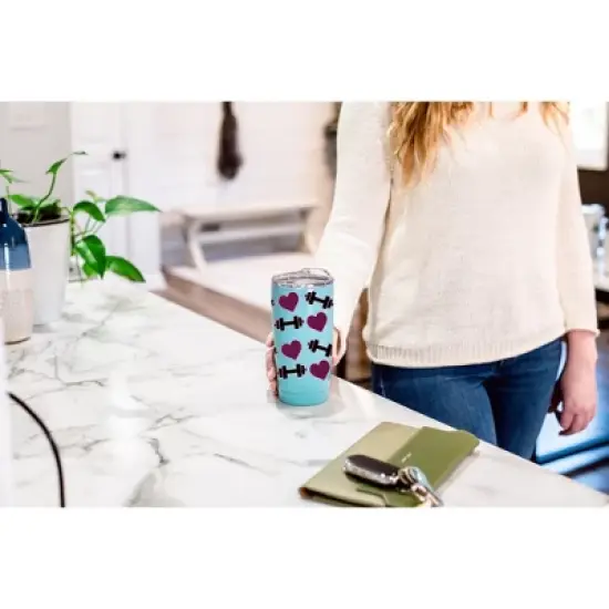 100 North 20 Ounce Stainless Steel On the Go Travel Tumbler With Push Top Lid, Hearts and Weights Teal image {3}