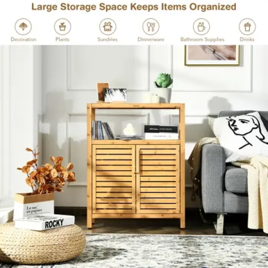 Costway Two-door Bamboo Bathroom Floor Cabinet Storage Organizer w/ Open Shelf image {4}