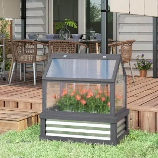 Outsunny Raised Garden Bed with Polycarbonate Greenhouse, Wooden Cold Frame Greenhouse, Garden Flower Planter Protection, 35.5"x22.5"x38.25", Gray image {2}