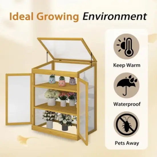 DOMETOUR Wooden Cold Frame Mini Greenhouse, Outdoor Polycarbonate 2-Tier Garden Greenhouse Cabinet, Keep Plants Warm image {4}