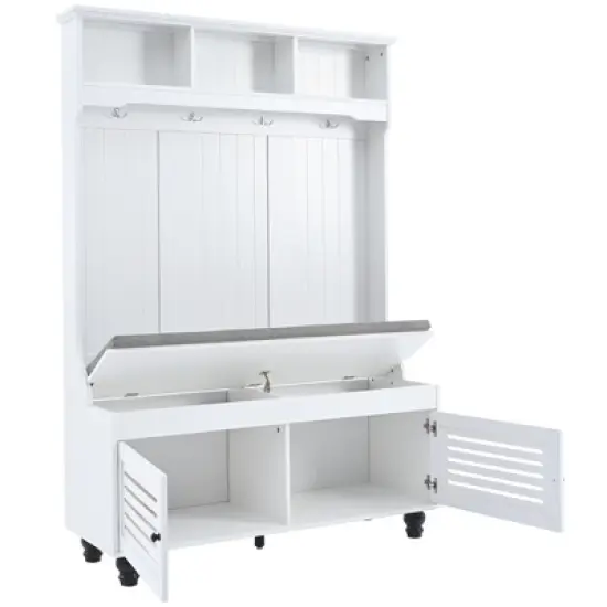 TIRAMISUBEST 5-in-1 Hall Tree with Storage Bench & 4 Hooks - Shutter Door Entryway Organizer for Coats, Shoes, Farmhouse Style, 47" image {6}