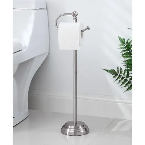 SunnyPoint Classic Bathroom Free Standing Toilet Tissue Paper Roll Holder Stand Satin Nickel image {1}