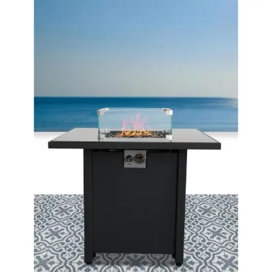 30" Steel Outdoor Fire Pit Table with Lid, Wind Shield, and Lava Rocks image {6}