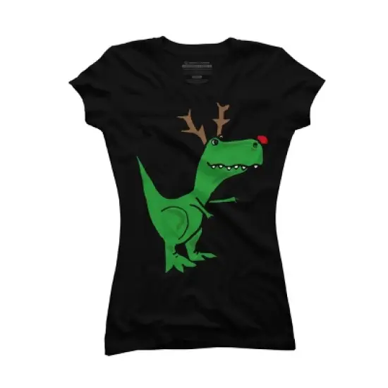 Junior's Design By Humans Cool Funny Christmas T-Rex Dinosaur with Antlers By SmileToday T-Shirt image {3}
