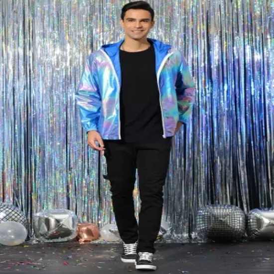 Lars Amadeus Men's Metallic Jacket Lightweight Zip Up Holographic Shiny Hooded Jackets image {2}