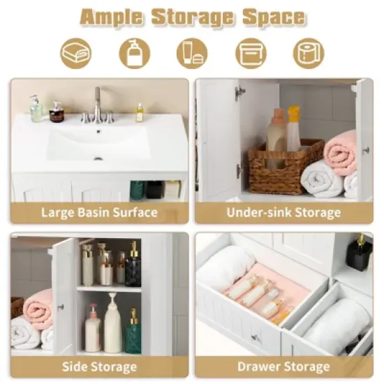 phiestina 36" White MDF Bathroom Vanity Cabinet without Basin, Double Doors, Double Drawers, Decorative Strips, Modern Storage Cabinet for Bathroom image {8}