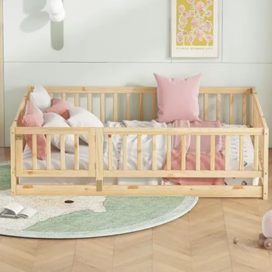 Okak Montessori Floor Bed Twin/Full Size,Toddler Bed with Safety Fence & Door, Solid Wood Kids Bed Frame for Nursery & Bedroom image {1}