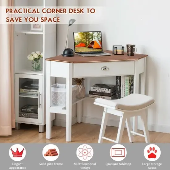 Costway Triangle Computer Desk Corner Office Desk Laptop Table w/ Drawer Shelves Rustic Natural &White image {3}
