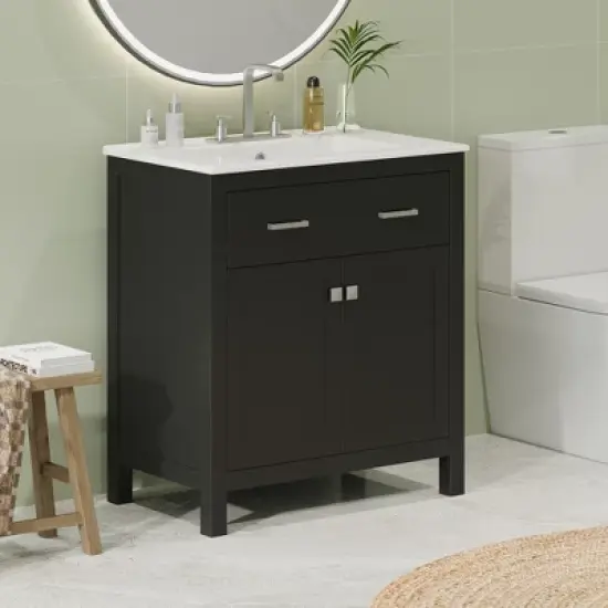 Whisen 30" Bathroom Storage Cabinet Bathroom Vanity with Ceramic Sink, Soft Close Doors, Adjustable Shelf and Flip Drawer image {2}